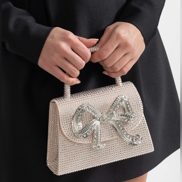Handbags - NWT Sparkling Rhinestone Handbag with Decorative Metallic Bow in Champagne Gold